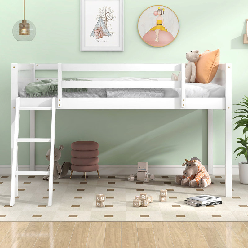 Lit mezzanine bas simple en bois avec échelle, l'échelle peut être placée à gauche ou à droite, blanc, Blanc