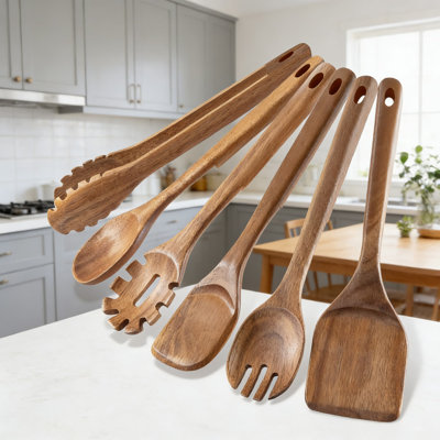 Acacia Wooden Kitchen Utensil Set, 6-Piece Natural Wood Cooking Spoons And Utensils With Notch Design, Heat Resistant And Non-Scratch For Non-Stick Cookware