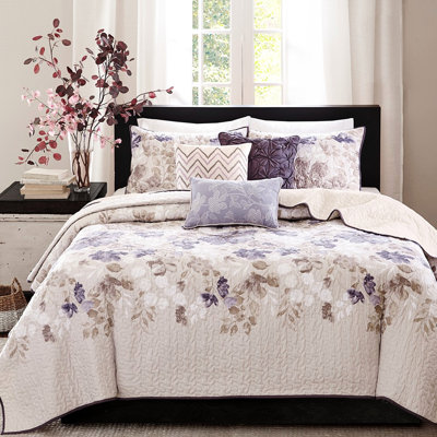 Full/Queen Size 6 Piece Quilt , Taupe, Watercolor Floral Decoration, Reversible Microfiber, Stylish And Bedding Taupe With Throw Pillows, Full/Queen, Quilt, To Solid Color, Machine Washable