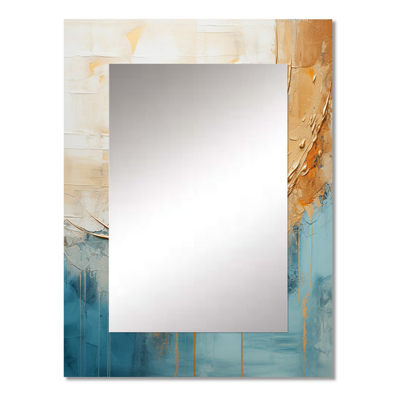 Gold And Blue Paint Fusion I - Abstract Painting Large Wall Mirror, Beige Decorative Mirror, Printed Metal Art, 32" x 24"