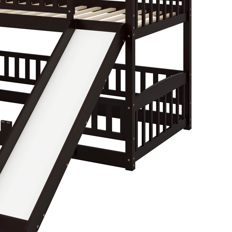 Twin Over Twin Bunk Bed With Fence，Ladder And Slide, Espresso
