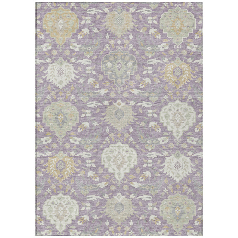 3' X 5' Lavender Gold And Green Damask Washable Indoor Outdoor Area Rug