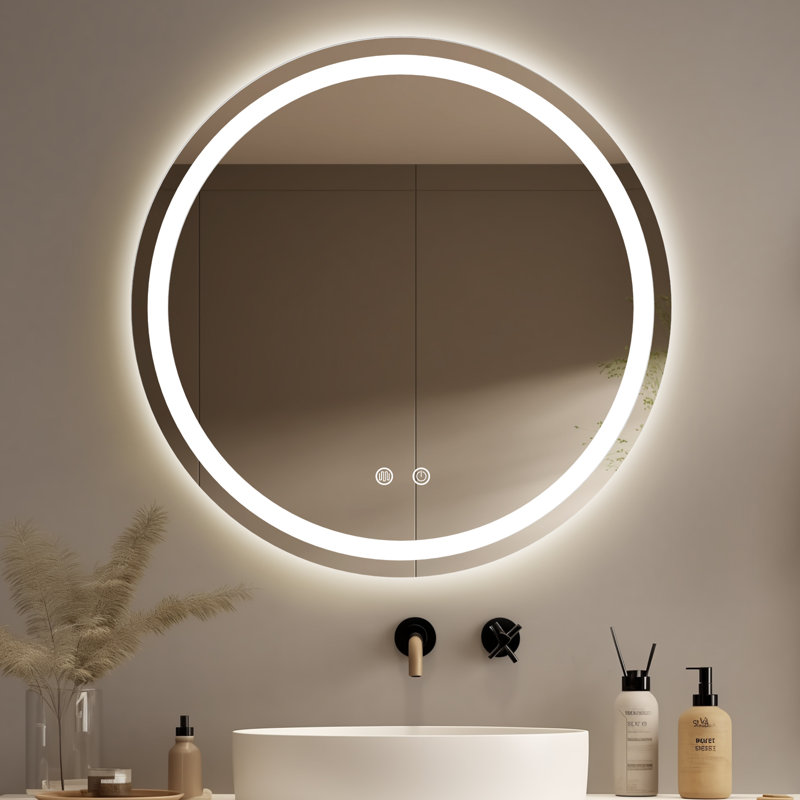LED Bathroom Round Mirror with Light – Anti-Fog and Adjustable Color Lighting, 28" H x 28" W x 1" D