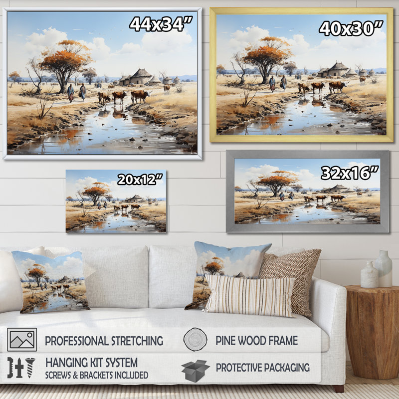 Afrique, camp de bovins Dinka II - art mural tribal africain, Toile tendue, H 16 po x l 32 po x P 1 po