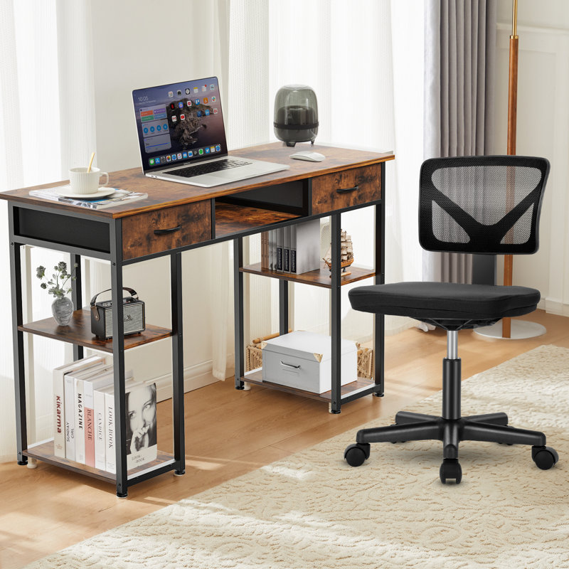 Desk and Chair Set: 48 Inch Computer Desk & Height Adjustable Black Mesh Chair, Brown/Black