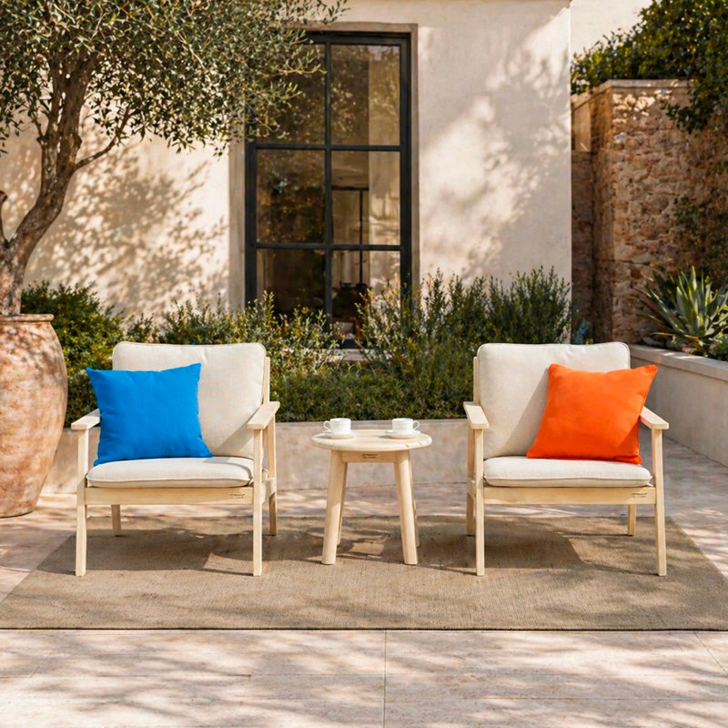 2 Seater Solid Acacia Wood Garden Bistro Set With Side Table, Outdoor Patio Furniture