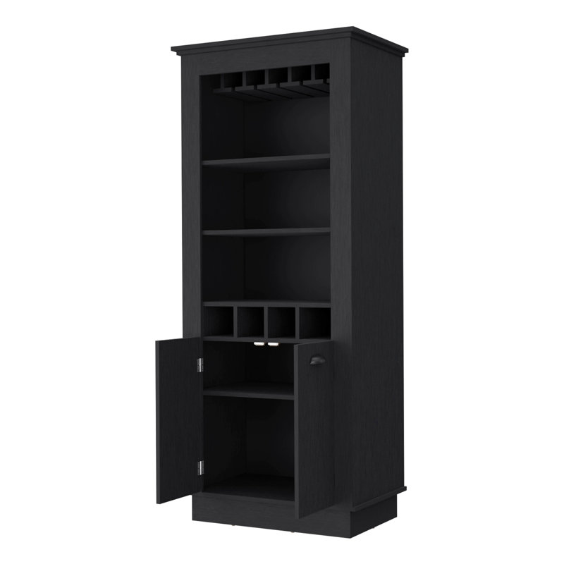 Stylish Wood Bar Cabinet With 4-Built In Wine Rack And Storage Versatile Open Shelf Options, Black
