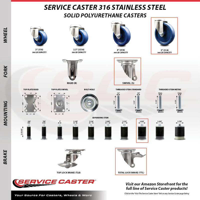 Ensemble de 4 roulettes extensibles en poly, H 5 po x l 5 po