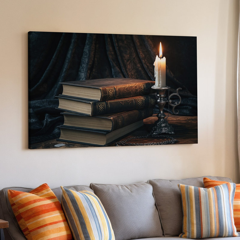 Reproduction d'art sur toile, "Moody Still Life" avec une pile de livres muraux en cuir vieilli avec détails complexes