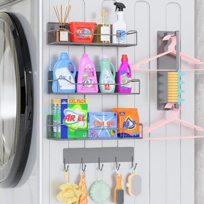 Paquet de 5 tablettes magnétiques multifonctionnelles pour machine à laver et réfrigérateur - Système d'organisation de salle de lavage robuste avec crochets à outils et paniers de rangement