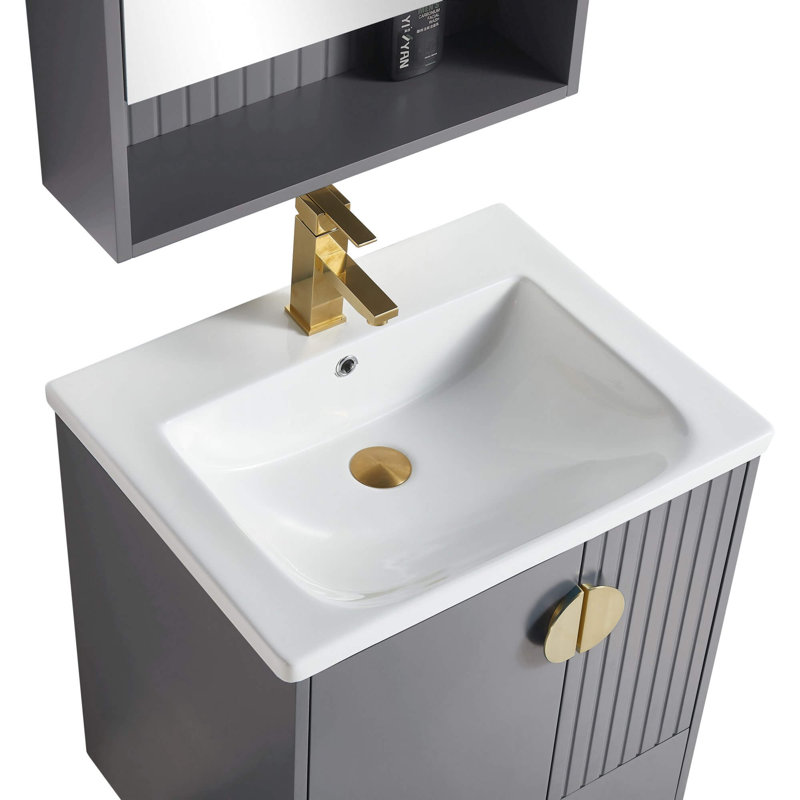 Ensemble de meuble-lavabo simple 24 po Saimah, Laiton satiné, Gris roche