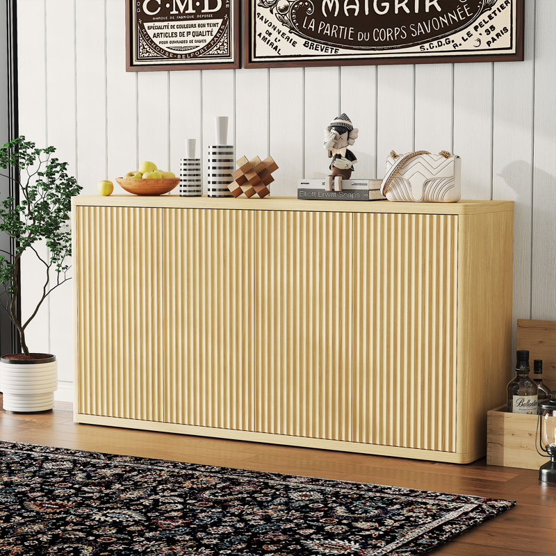Buffet 66,3 po avec rangement, crédence d'appoint cannelée moderne avec tablettes réglables et 4 portes, console de bar en bois pour le salon, la cuisine, la salle à manger, le couloir