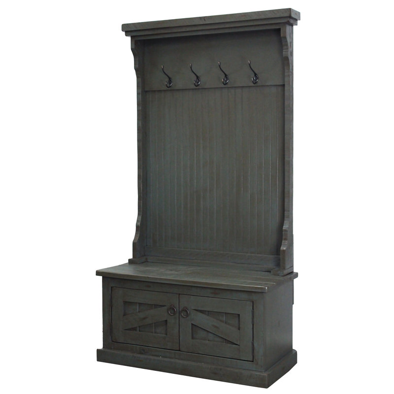 Arbre d'entrée en bois massif Kinley avec banc et rangement pour chaussures, Bleu foncé rustique