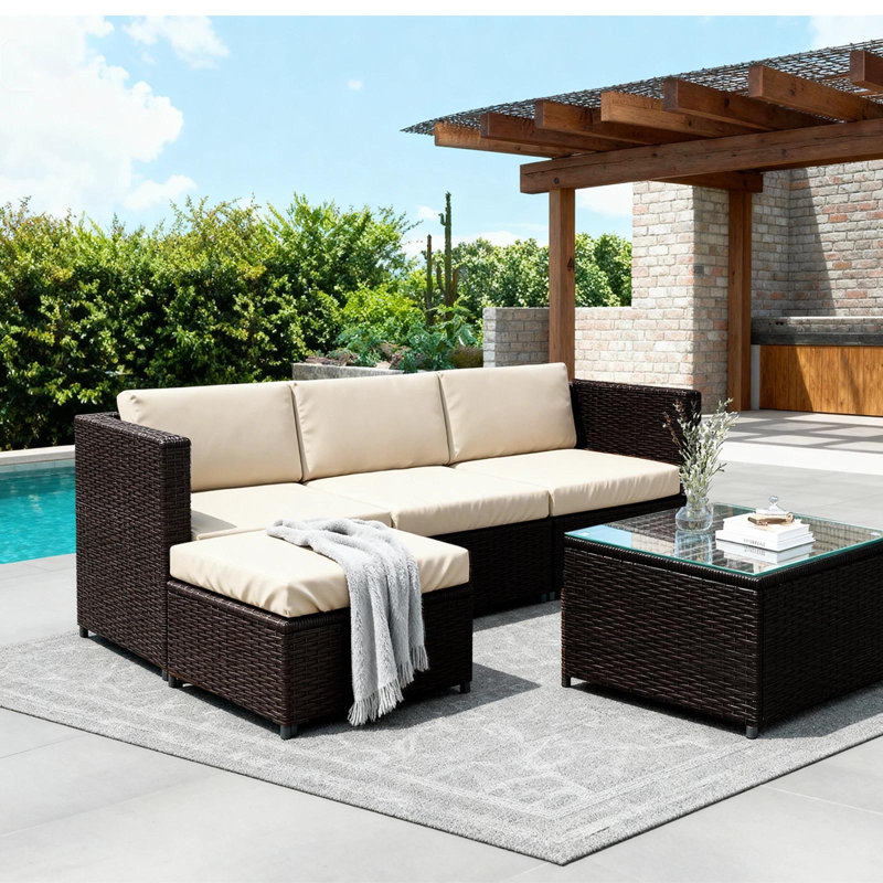 Outdoor Garden Furniture Set 4seater Rattan Wicker Conservatory Sofa Table Chair, Brown, Beige