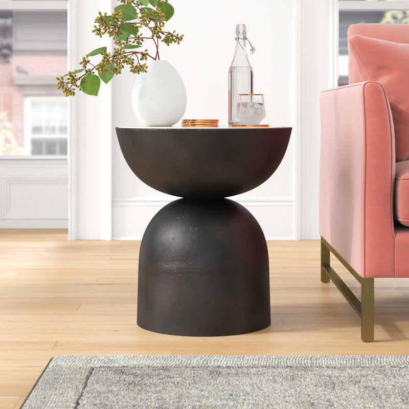 Earlie Seraphine Pedestal End Table, Creamy Taupe Marble, Hammered Gray