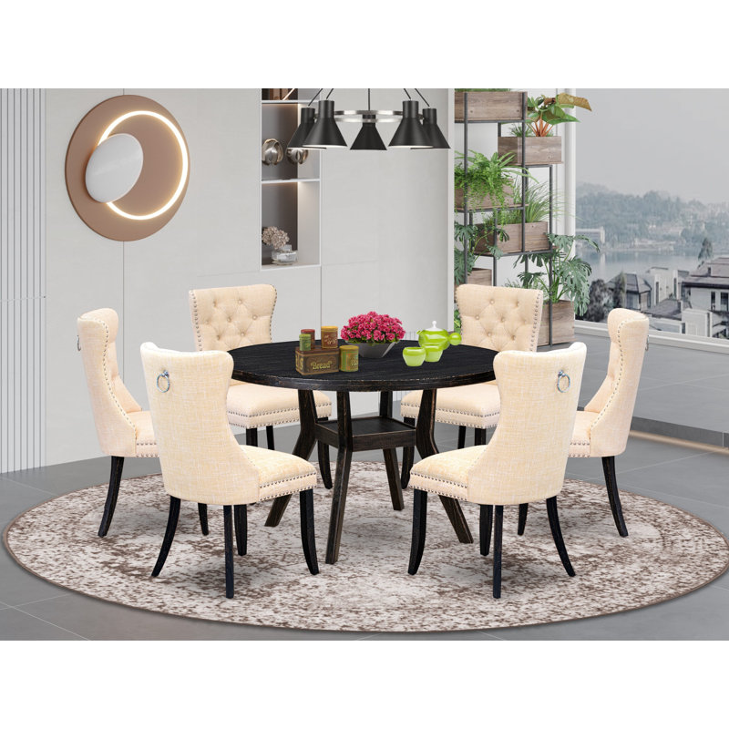 Cet ensemble de cuisine 7 pièces comprend une table de salle à manger et 6 chaises en tissu de polyester beige clair avec dossier capitonné - Noir sablé
