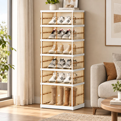 No Assembly Foldable Shoe Cabinet, 3-Sided Clear Magnetic Shoe Storage Box with Rolling Wheels, Stackable Shoe Rack Organizer, Free Combination for En
