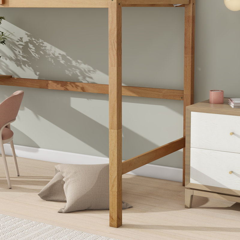 Twin High Loft Bed, Rubber Wood  Loft Bed With Safety Guardrail, Built-In Desk, Ladder,White Oak