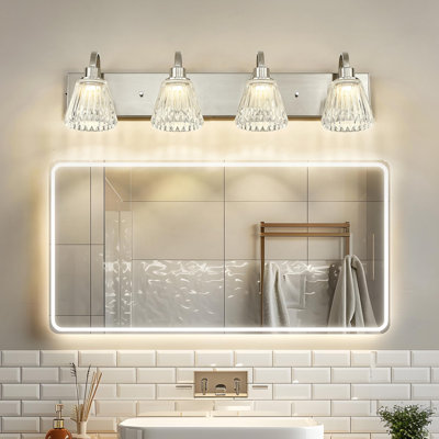 Éclairage pour meuble-lavabo industriel à 4 lumières à DEL à intensité variable, abat-jour en verre ondulé cannelé