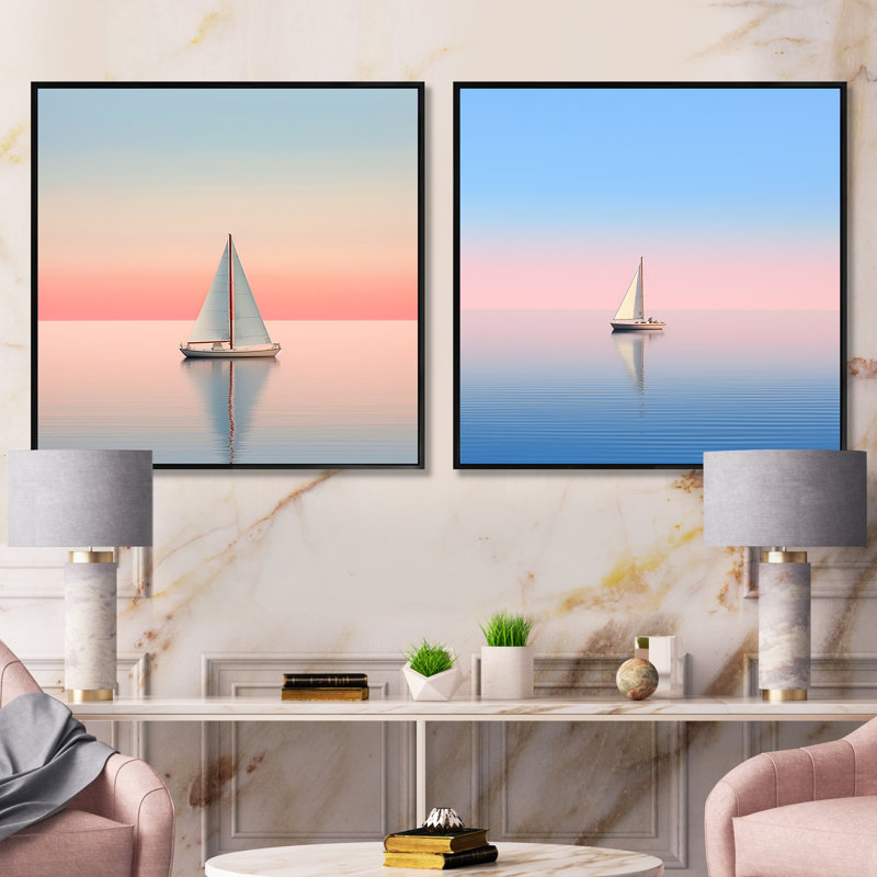 «Blue and Pink Sailling Boat Calm Horizon», ensemble de 2 collages carrés, Cadre flottant noir, H 30 po x l 61 po