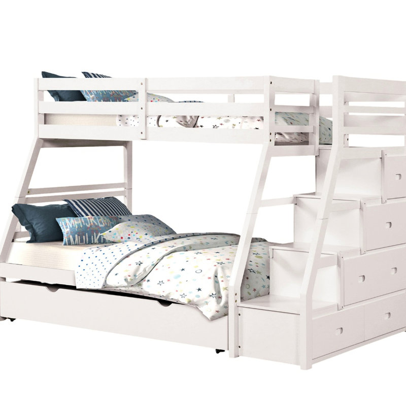 Lit superposé transitionnel simple au-dessus d'un lit double avec finition blanche, rails et verrou de joint, marches de tiroirs intégrées, ensemble de lattes pour joint de verrouillage de support de matelas, rangement inclus