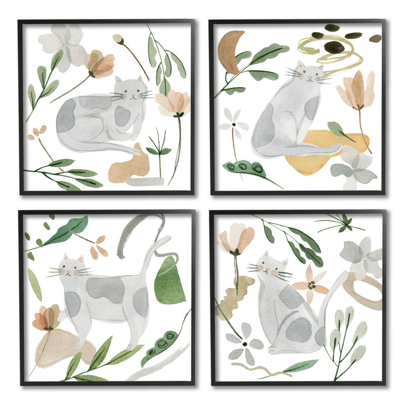 «Happy Cat Botanical Collage», ensemble de 4 giclées par Melissa Wang, Giclée encadrée noir minuit
