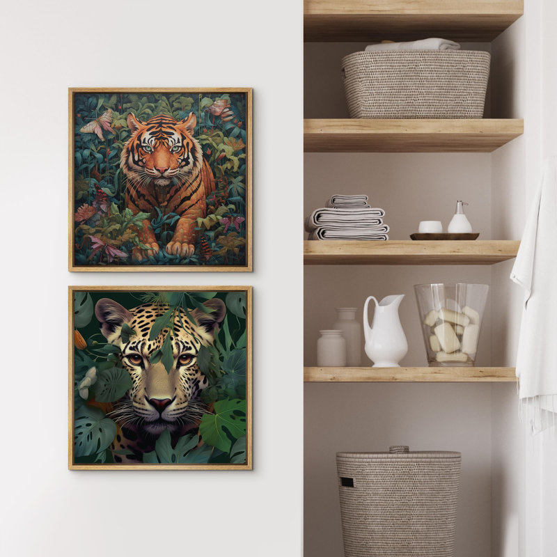 Ensemble de 2 pièces guépard et tigre, plantes et animaux de la jungle botanique encadrée sur toile, H 24 po x l 24 po