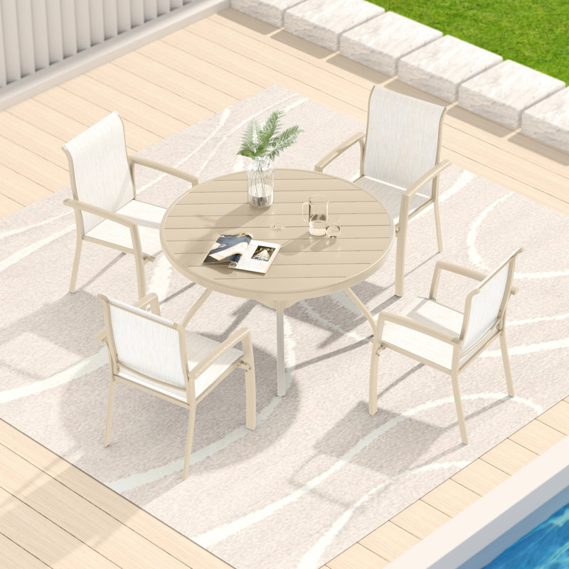 Mobilier de patio 5 pièces avec 4 chaises empilables et une table ronde d'extérieur en métal de 40,6 po, pouvant accueillir 4 personnes, idéale pour la détente, trou de parasol réglable de 1,57 po et 1,9 po