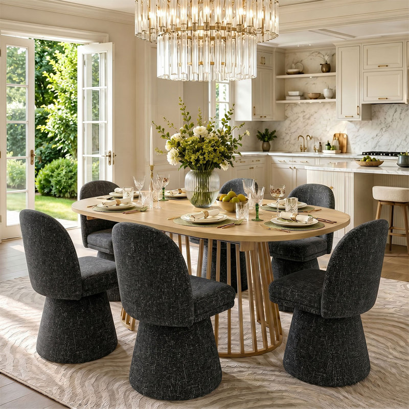 6 - Person Dining Table Sets With Extendabe Oval Table & 6 Upholstered Tweed Swivel Chairs, Black