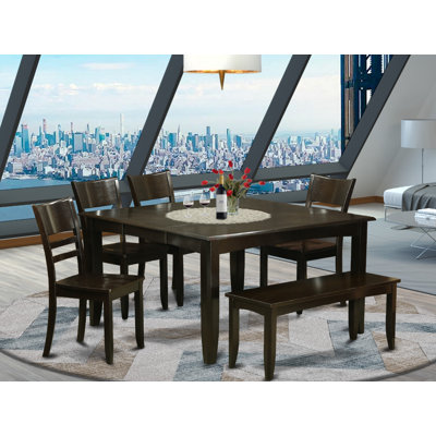 6 Piece Dining Set Contains a Square Dining Room Table with Butterfly Leaf and 4 Kitchen Chairs with a Bench, 54x54 Inch, Cappuccino