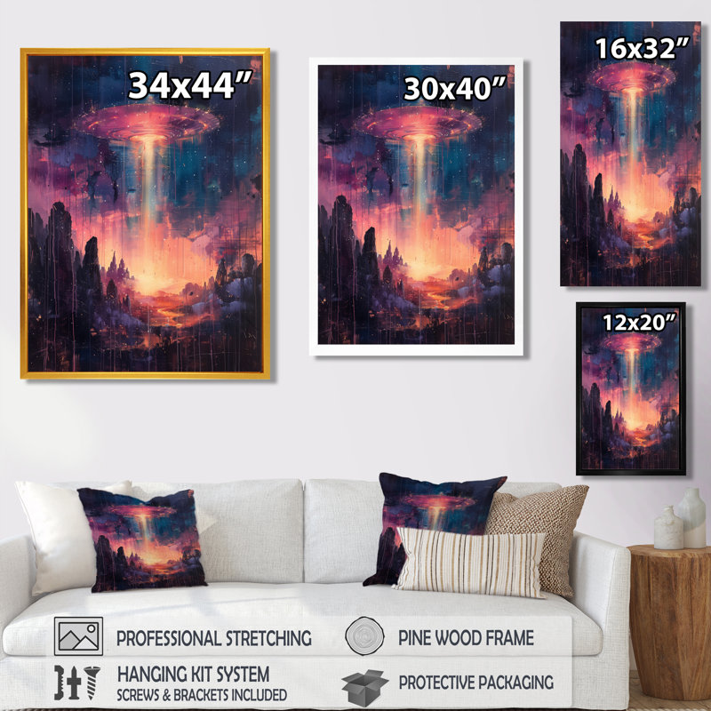 Rose et bleu interstellaire Ufos I - Art mural Ufos, H 24 po x l 32 po, Cadre flottant brun, bois massif
