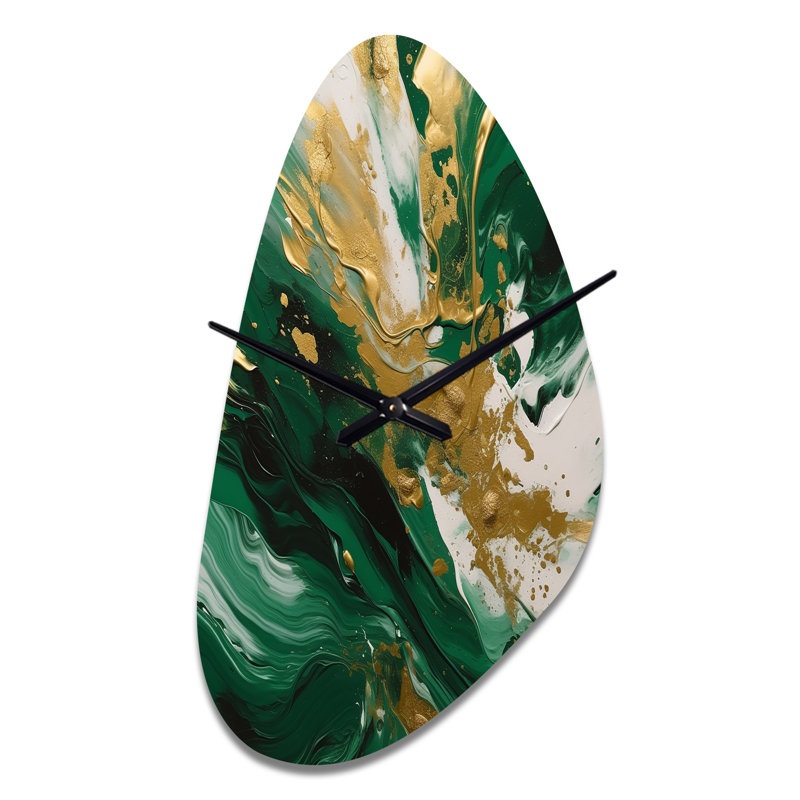 Vert et or Serene Cascade II - Horloges métalliques abstraites de forme unique, horloge murale asymétrique verte, Moyenne