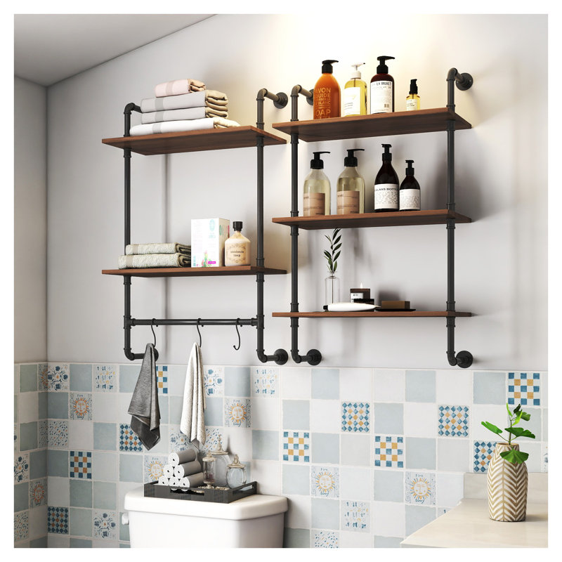 Tablettes industrielles à fixation murale - 3 tablettes et 2 tablettes en bois rustique avec 3 crochets, tablette de bar de ferme de 36 pouces, bibliothèque pour bureau de chambre à coucher, noyer