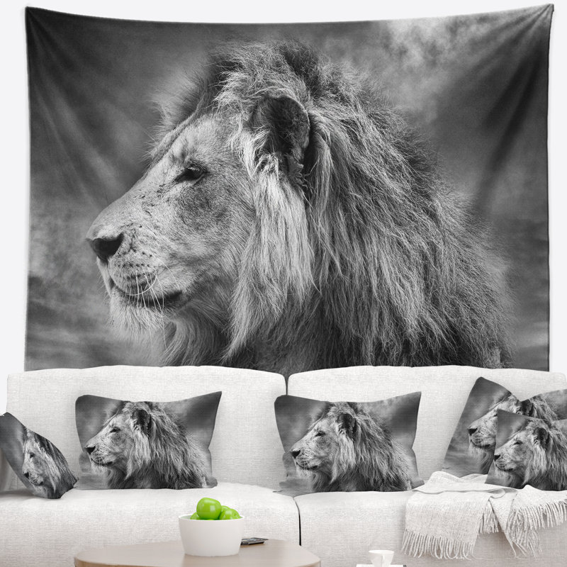 Tapisserie de lion africain sauvage gris animal, H 32 po x l 39 po