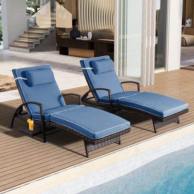 2 Piece Outdoor Wicker Chaise Lounge Set Adjustable Pool Lounge Chairs with Cushions and Built-in Side Table