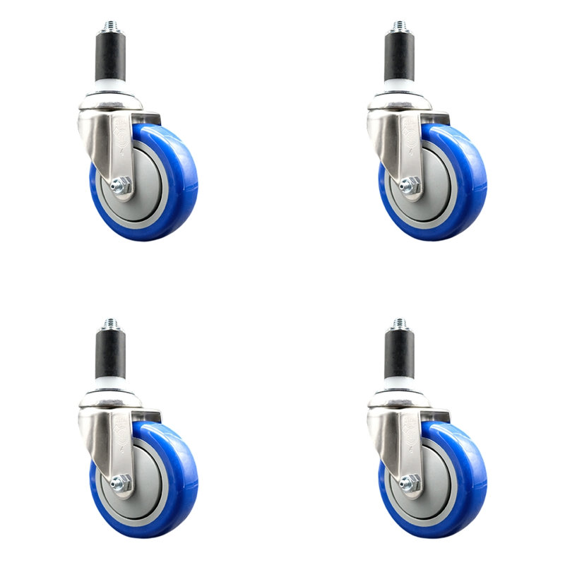 Roulettes en polyuréthane, Bleu, Tige en extension de 1-1 / 4 po