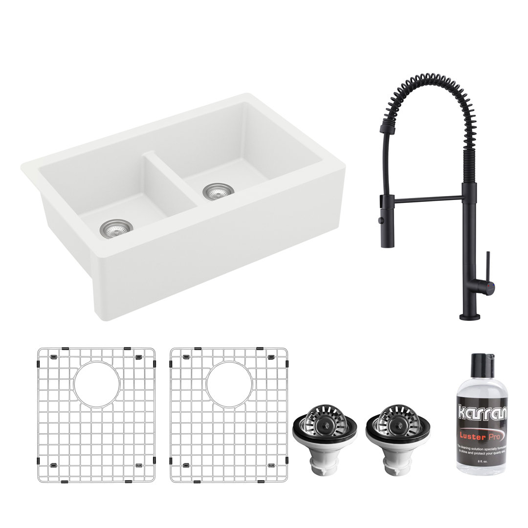 Karran Quartz 34'' X 21-1/4'' 50/50 Double Bowl Farmhouse Apron Kitchen Sink With KKF220 Faucet Karran