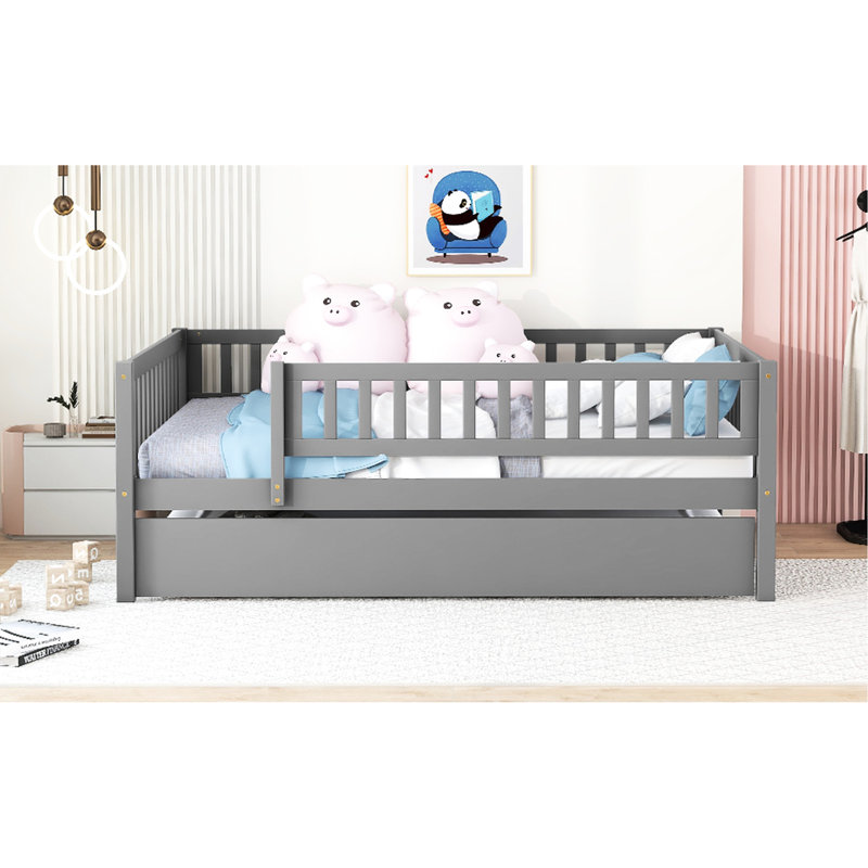 Lit de jour double avec couchette et barrière de sécurité grise - Créez un espace de repos confortable et confortable pour la chambre à coucher