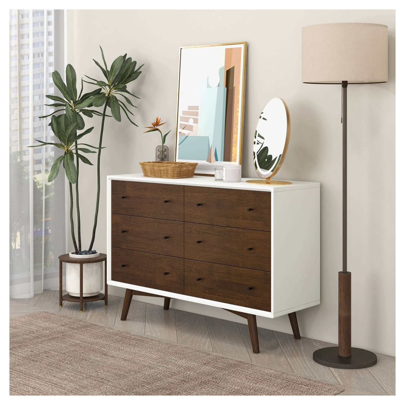 Commode 6 tiroirs de style Mid-Century moderne avec finition en bois massif