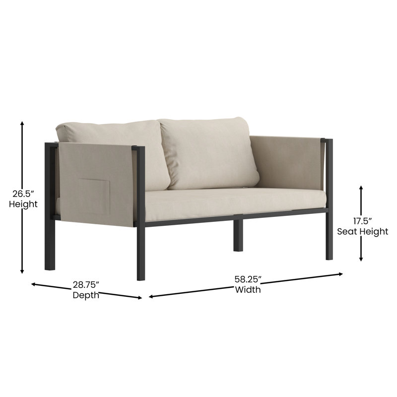 Annegriet Steel Frame Loveseat with Included Cushions and Storage Pockets, Dark Beige