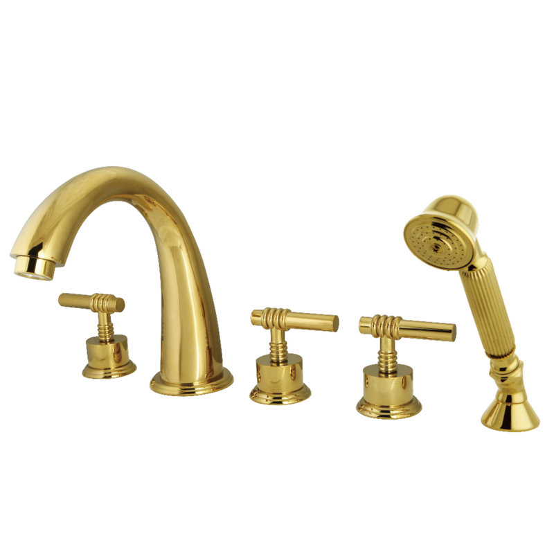 Robinet de baignoire romaine à 3 poignées à fixation sur le comptoir et 5 trous Kingston Brass Kingston, Laiton poli