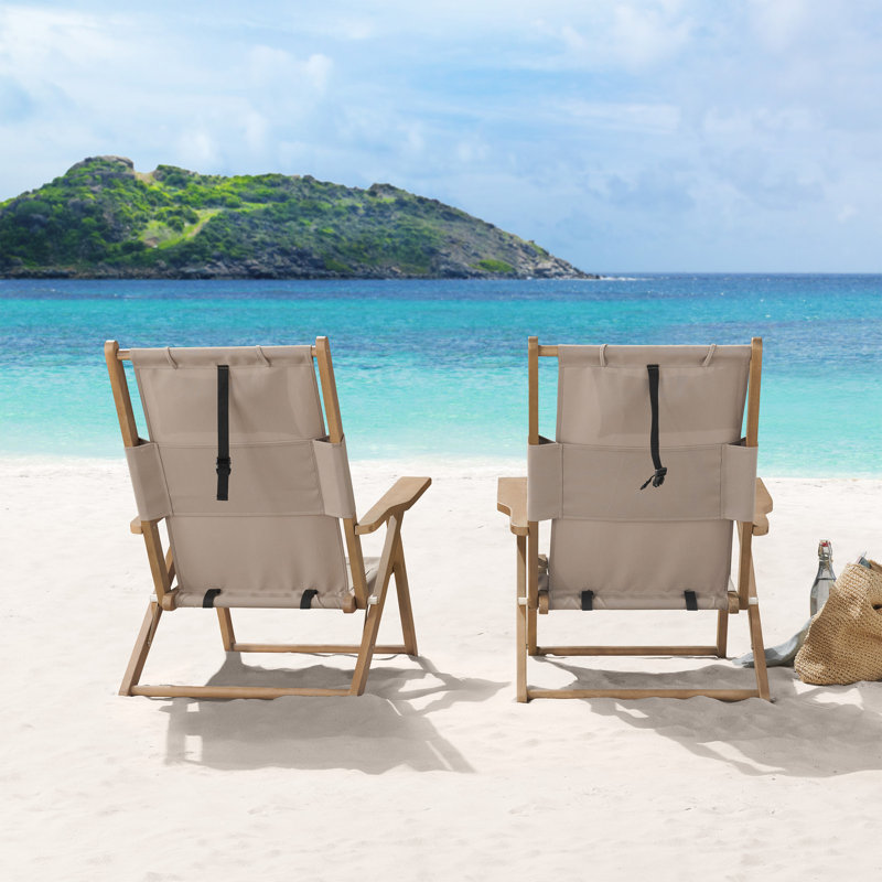 Taupe Eucalyptus Wood Folding Beach Chairs with Arms, Set of 2