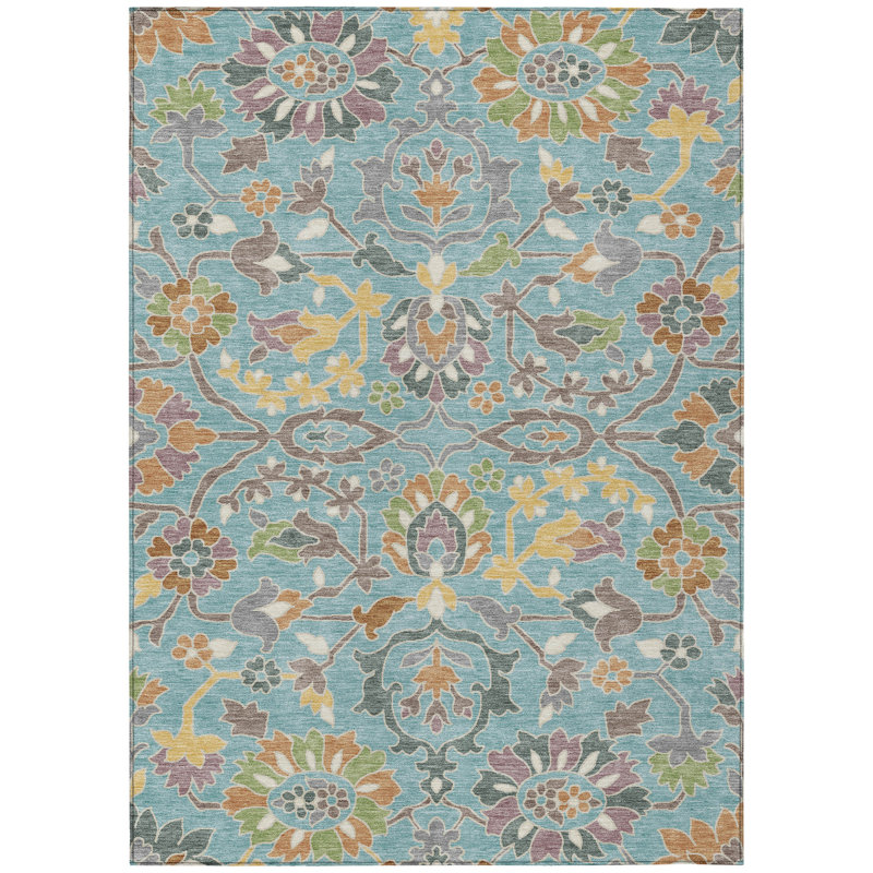 Machine Washable Indoor/Outdoor Chantille ACN2587 Floral Rug, Teal, 8' x 10'