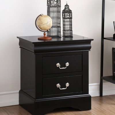 Table de chevet pour chambre à coucher avec 2 tiroirs noirs et tiroir coulissant en métal noir, poignée en nickel à glissement central