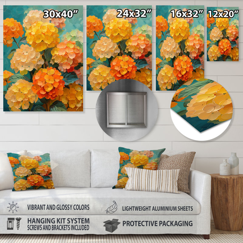 Hortensia orange et bleu qui fleurit en été II - décoration murale hortensia, Sans cadre, métal, H 12 po x l 20 po