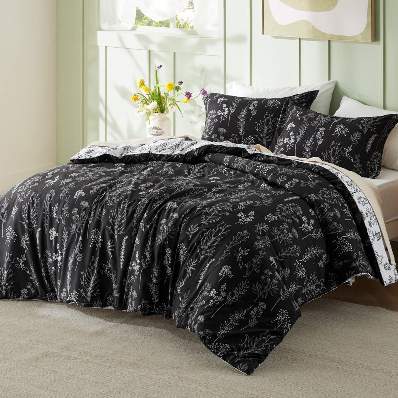 Best Seller Bedsure Comforter Set Reversible Cute Floral Bedding, 89GSM, Black, Oversize King