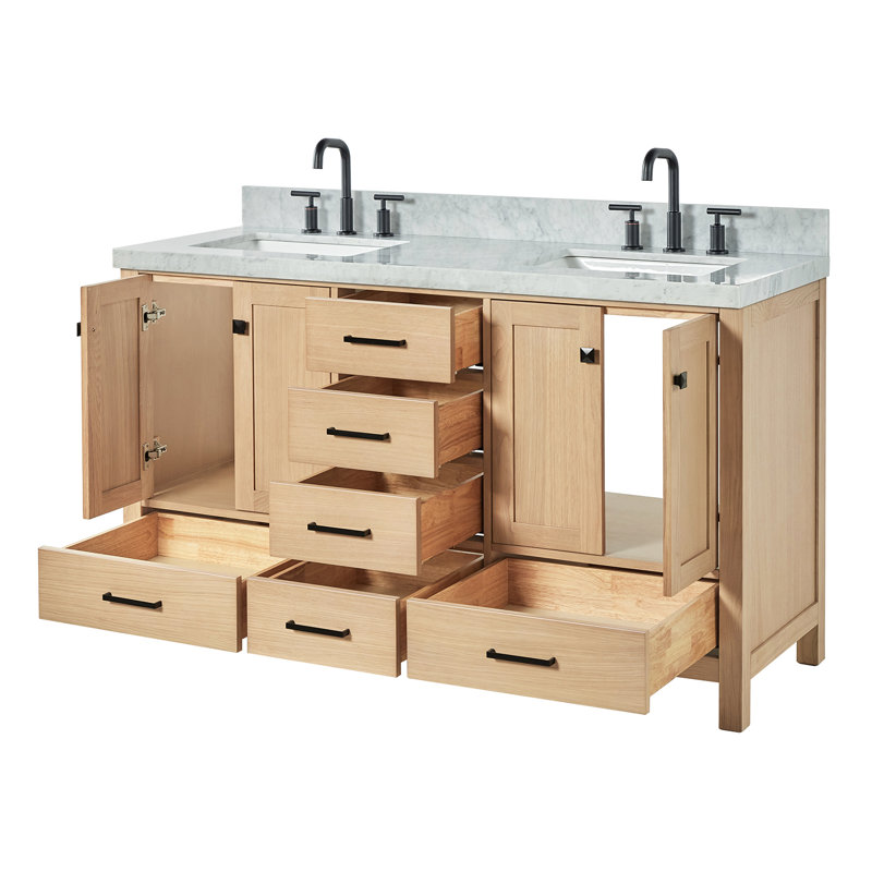 Cambridge Double Bathroom Vanity with Carrara Marble Top, Oak