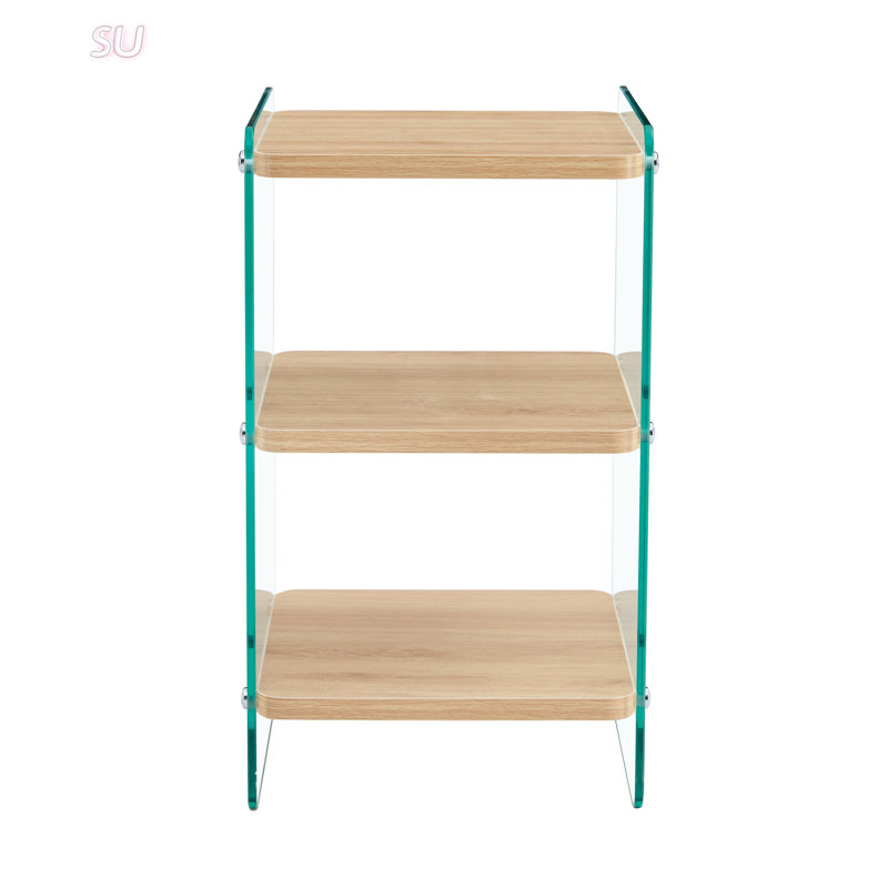 Armoire de chevet trois couches avec panneau de fibres à densité moyenne, autocollants en bois et côtés en verre trempé pour un rangement élégant