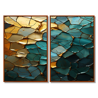 Abstract Teal Gold Crystalline Limestone - Marble Large Wall Art, Teal Abstract Canvas Print 2 Panel