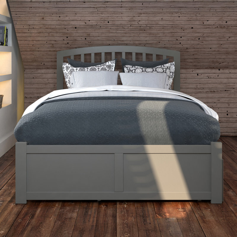 Lit plateforme avec rangement en bois massif et pied de lit Florio, Double, Gris